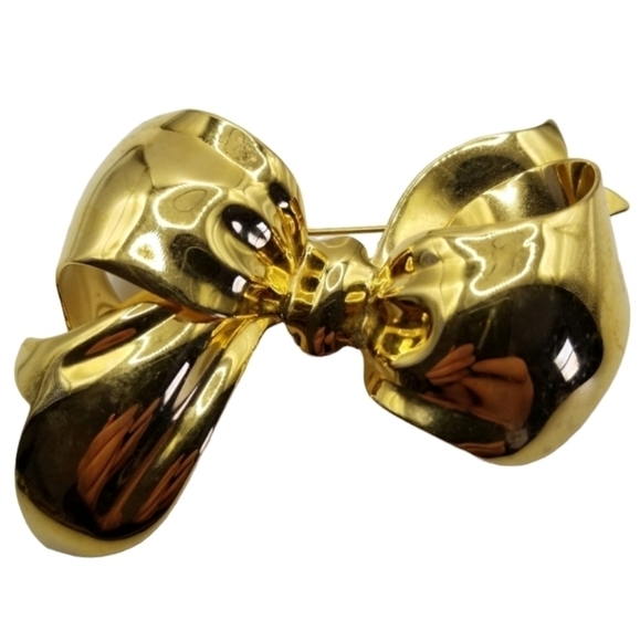 Monet Large Gold Tone Bow Brooch 3D Bar Pin Vintage Glossy Chunky Signed Trendy - Picture 1 of 16